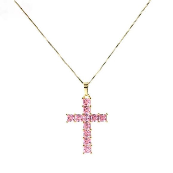 Gold & Pink Cross Necklace CZ Cubic Zircon Diamond Pendant, Jesus, Church Bling - Picture 5 of 5